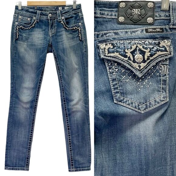 Miss Me Y2K Ankle Skinny Bling Rhinestone Rhinestone Medium Wash Jeans Size 28 - Picture 1 of 11